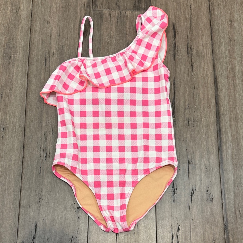Crewcuts Pink and White Gingham‎ One-Shoulder ruffle Swimsuit